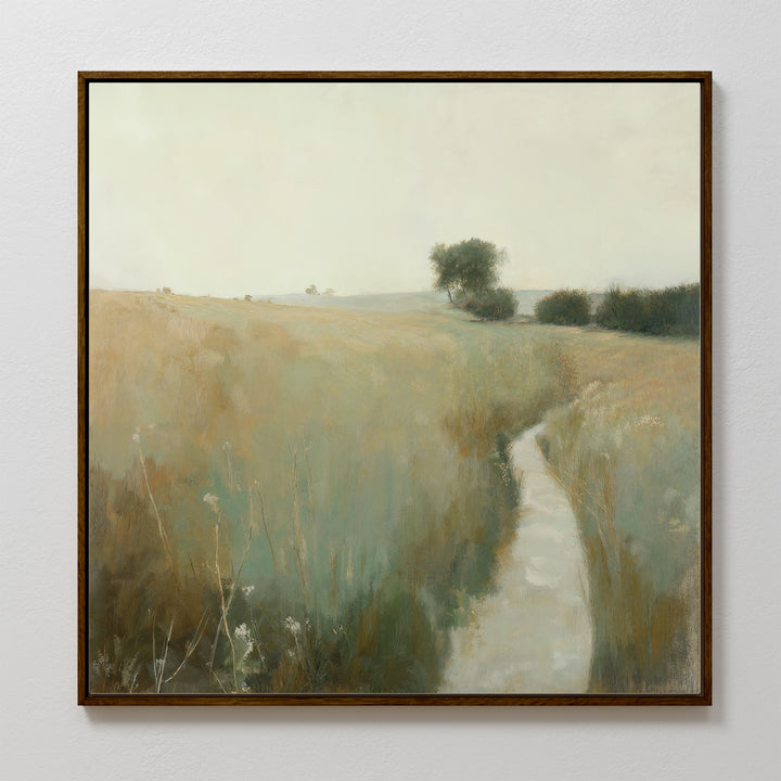 Path Through the Meadow Canvas Art features a soft, muted landscape with a winding path through grassy fields and distant trees beneath a hazy sky—perfect rustic wall decor for nature lovers.