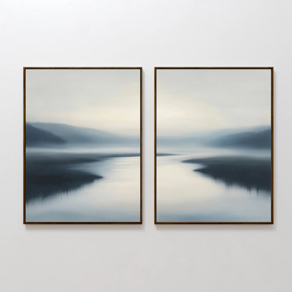 The Peaceful Waters Set of 2 features framed paintings of a misty lake in soft, muted hues—ideal calming landscape wall art to bring a serene, tranquil mood to any space.