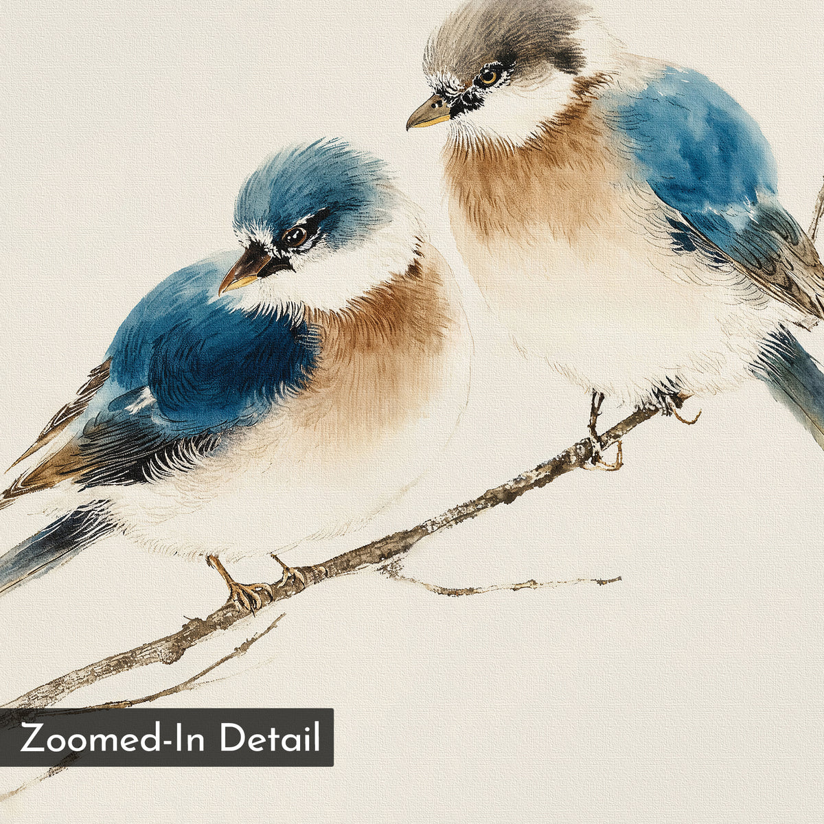Two birds with blue, brown, and white feathers sit closely on a thin branch in "Perched Companions Canvas Art." Rendered in soft watercolor style, this "Zoomed-In Detail" piece is perfect as bird wall art for any space.
