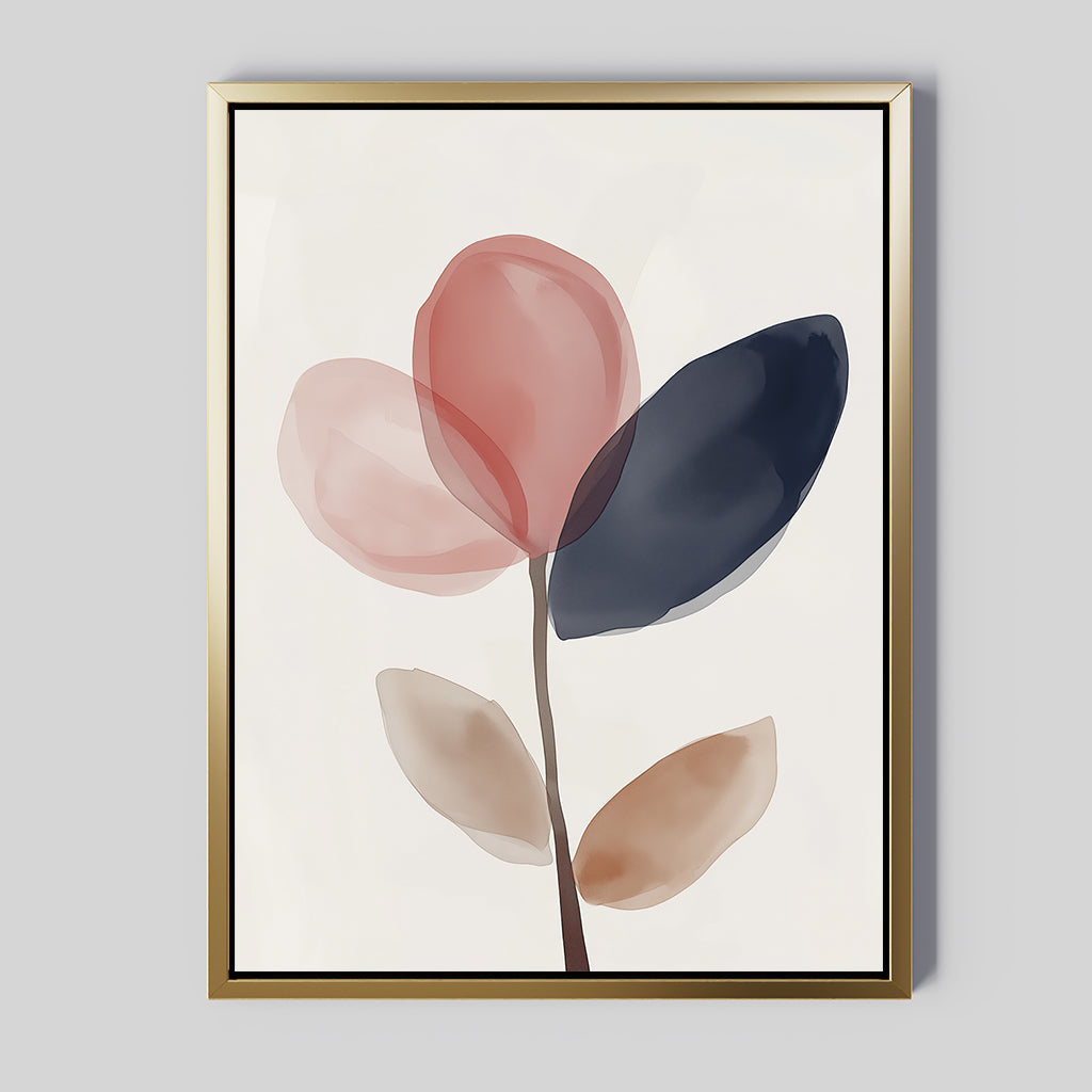 Petal Breeze Canvas Art: Minimalist wall decor featuring abstract, watercolor-style leaves in pink, navy blue, and beige on a white background with a gold frame—ideal for modern living room design.