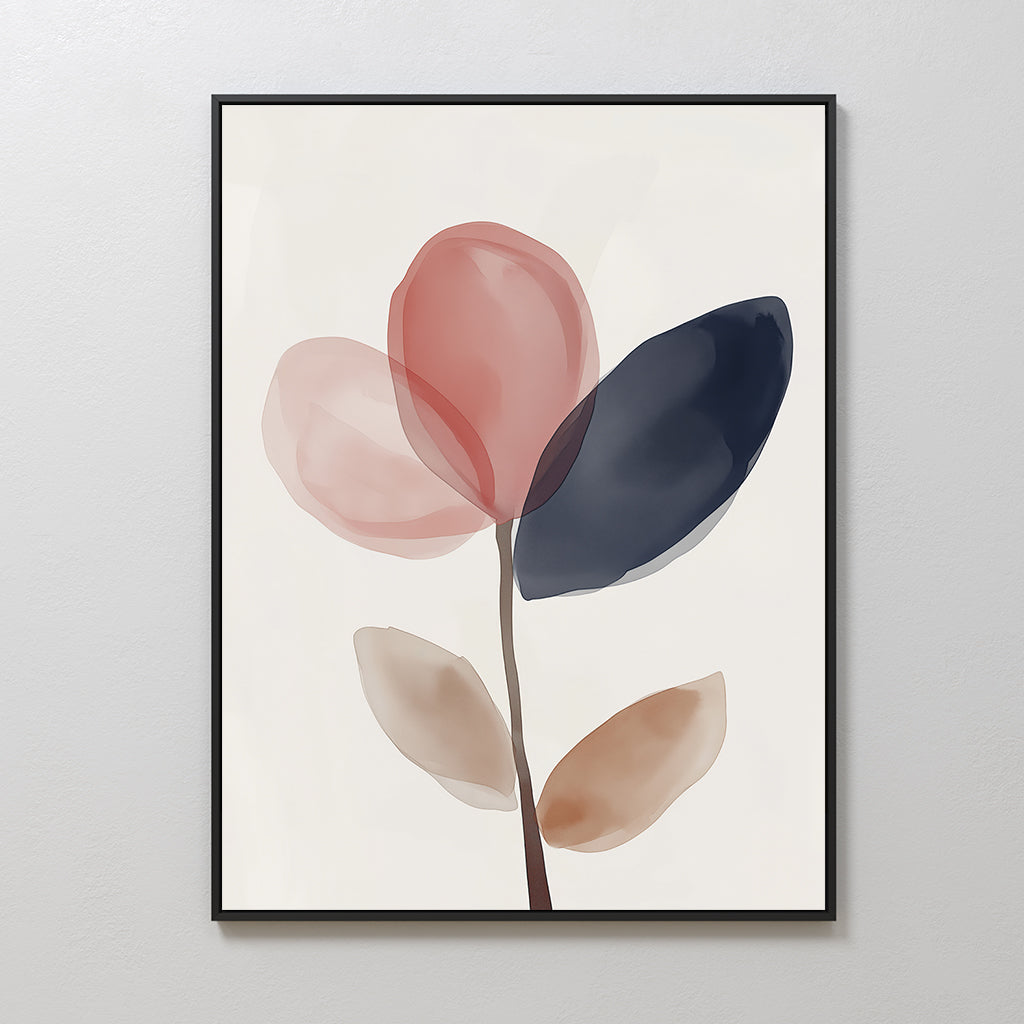 Petal Breeze Canvas Art features a minimalist watercolor plant with five abstract leaves in pink, navy blue, and beige on a white background, framed in black—ideal modern wall art for stylish living room decor.