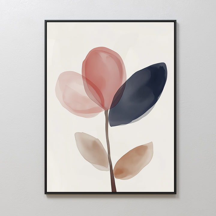 Petal Breeze Canvas Art features a minimalist watercolor plant with five abstract leaves in pink, navy blue, and beige on a white background, framed in black—ideal modern wall art for stylish living room decor.