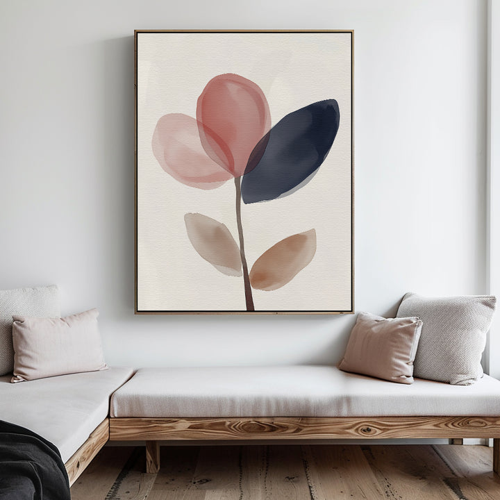 Minimalist living room with two wooden sofas, light cushions, and the Petal Breeze Canvas Art—large modern floral wall art in soft pink, navy, and beige petals on a white wall—ideal for stylish living room decor.