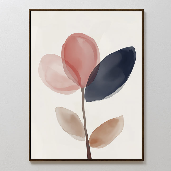 Petal Breeze Canvas Art features a minimalist floral design with five abstract, translucent petals in red, navy blue, beige, and light pink on a white background, framed in thin black—ideal modern wall art for living room decor.