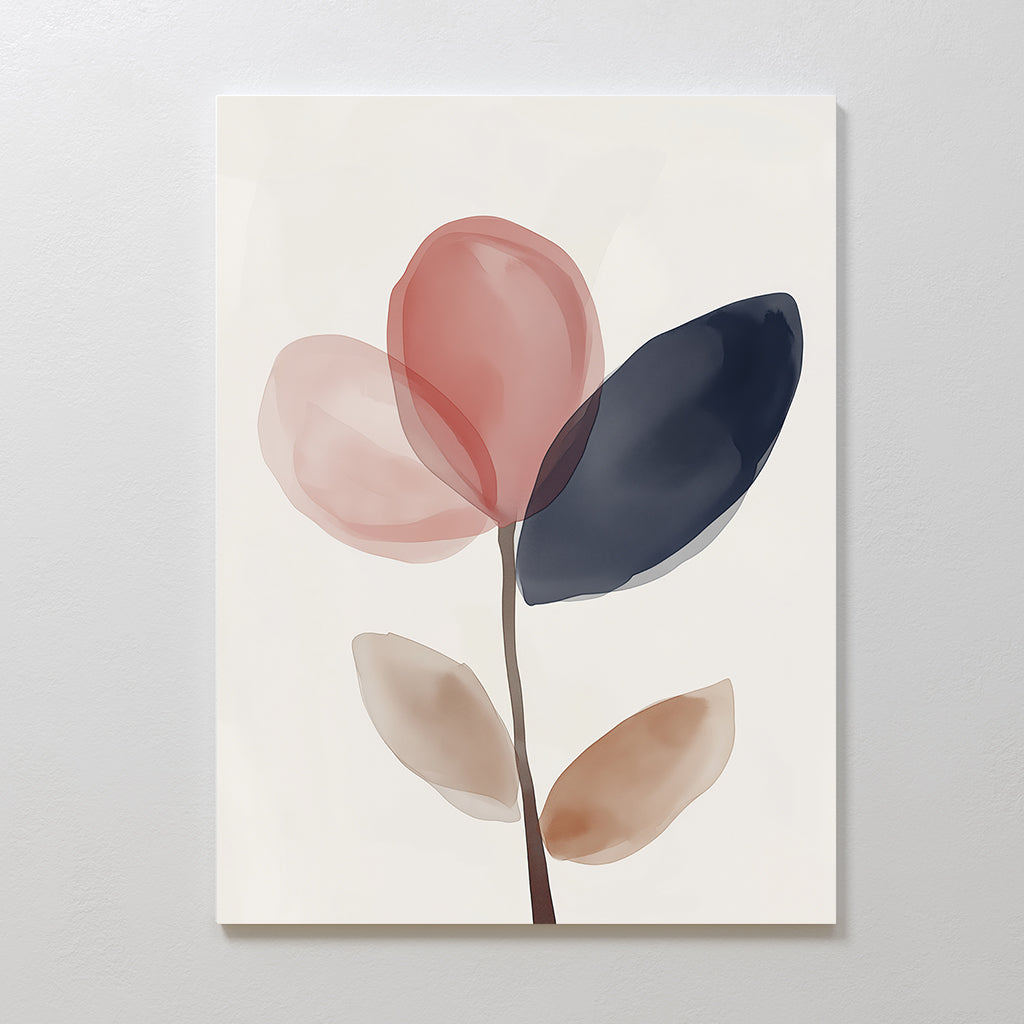 Petal Breeze Canvas Art features a minimalist watercolor of an abstract flower with translucent pink, navy blue, and beige petals on white, adding a soft, modern touch to your living room decor.