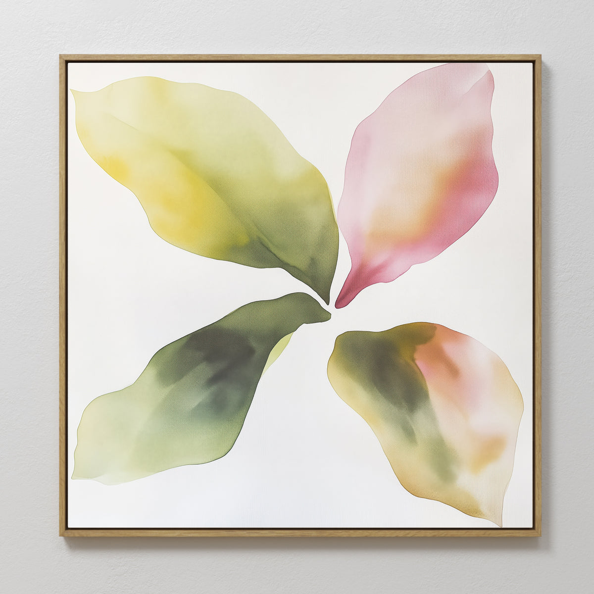Petal Hues Canvas Art: A modern, framed abstract floral print with four large watercolor-style leaves in green, yellow, and pink on a white background—ideal for stylish home decor or wall art.