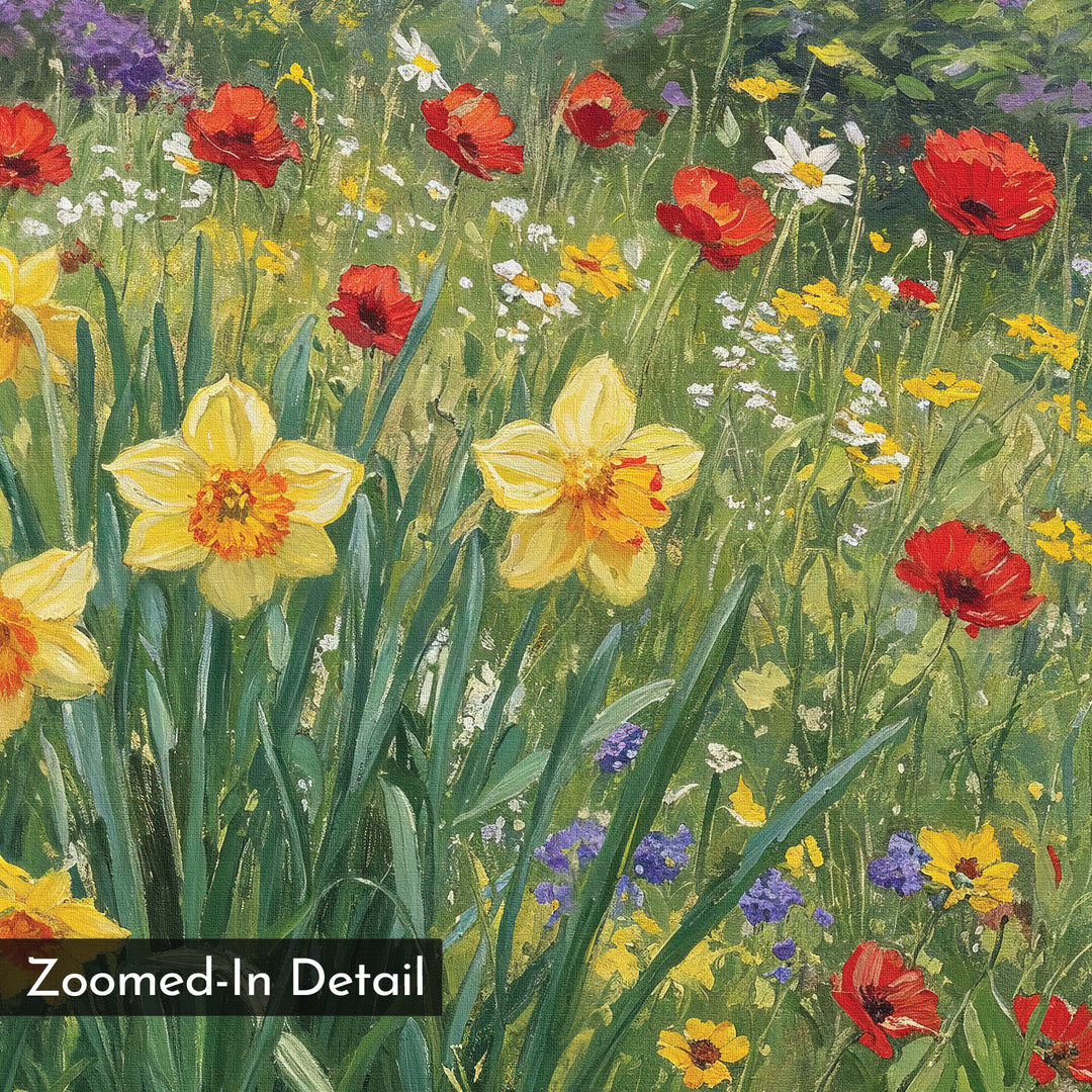 Poppy Meadow Canvas Art showcases a vibrant wildflower meadow with red poppies, yellow daffodils, white daisies, and purple blooms in green grass—a zoomed-in detail perfect for floral wall decor or as a wall art print.
