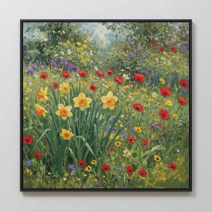 The Poppy Meadow Canvas Art features a vintage-inspired scene of a vibrant wildflower meadow with yellow daffodils, red poppies, and lush greenery beneath a softly lit sky—perfect wall decor for any space.