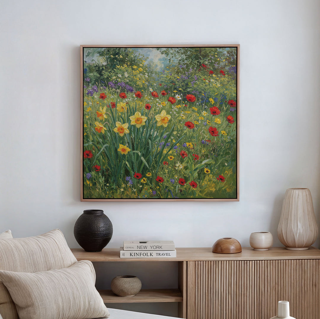 The Poppy Meadow Canvas Art, featuring vibrant wildflowers, hangs above a neutral sofa and wooden console adorned with vases and books, adding vintage-inspired charm to the space.