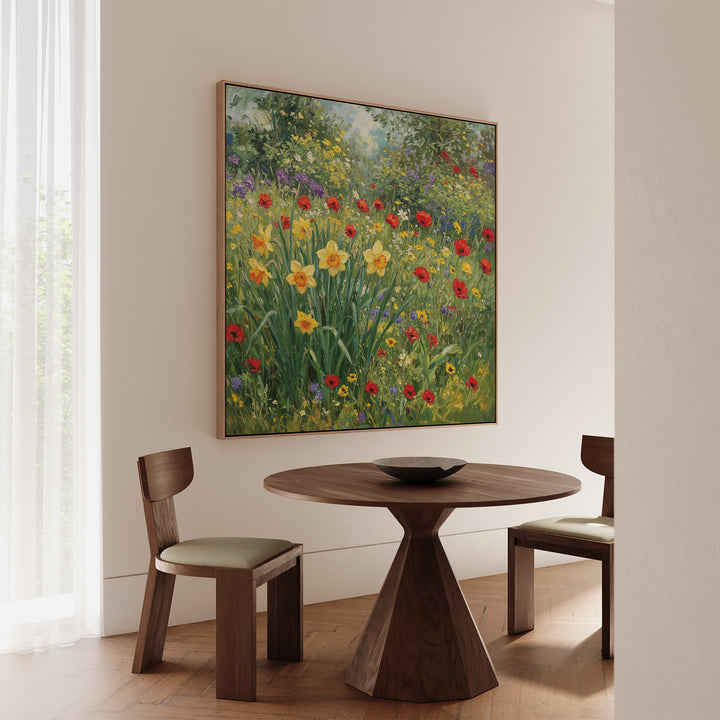A round wooden table with two chairs sits by a window with sheer curtains. The Poppy Meadow Canvas Art brings vibrant color and vintage charm to the minimalist, modern dining space.