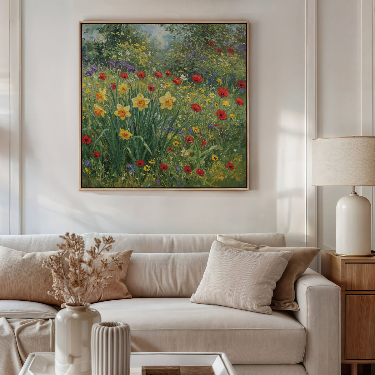 A cozy living room features a white sofa with beige cushions, a side table with a lamp, and a vase of dried flowers. Above the sofa hangs the Poppy Meadow Canvas Art, bringing colorful wildflower garden vibes to the space.