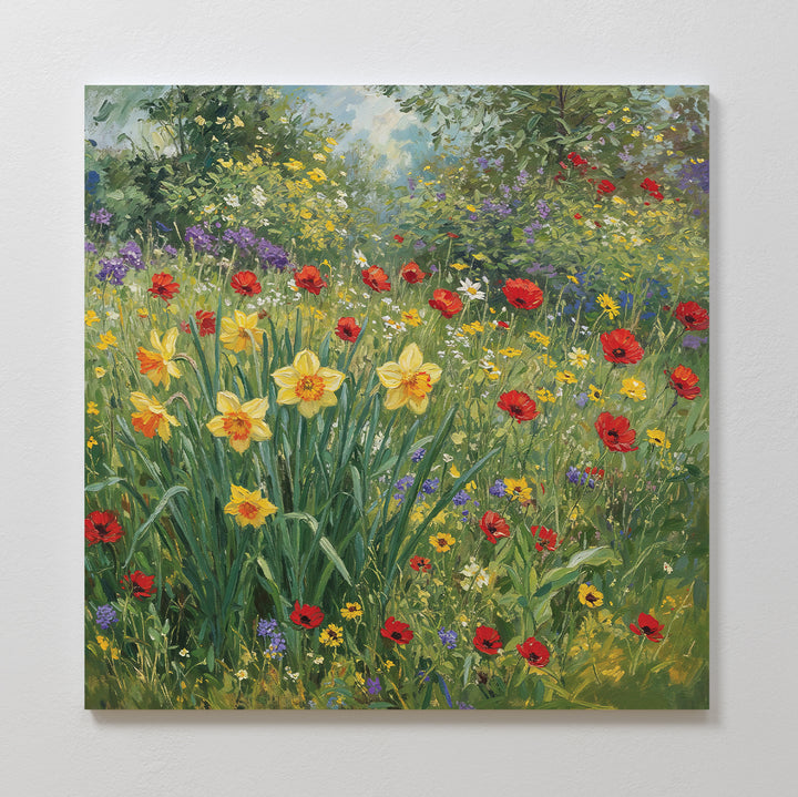 Brighten any space with Poppy Meadow Canvas Art, a vintage-inspired wall decor featuring vibrant yellow daffodils, red poppies, and lush green foliage in a stunning wildflower meadow.