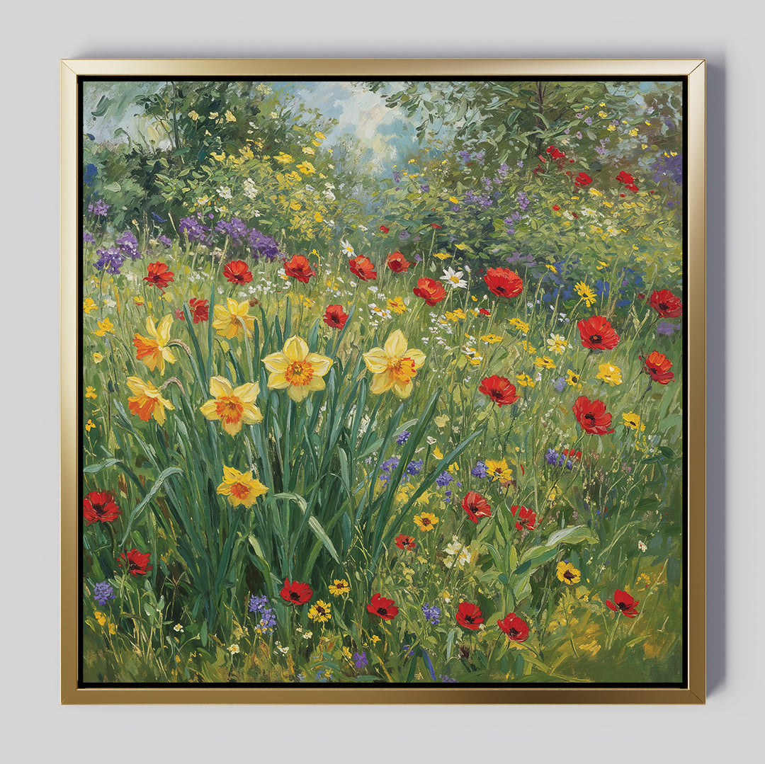 Poppy Meadow Canvas Art—vintage-inspired framed painting featuring vibrant wildflower meadow with yellow daffodils, red poppies, and purple flowers amid green foliage and sunlight—perfect nature wall decor.