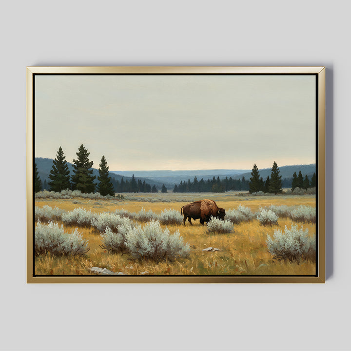 The Prairie Silence Canvas Art, showcasing a bison grazing among sagebrush and pines under a cloudy sky, brings stunning nature-inspired decor to any serene space.