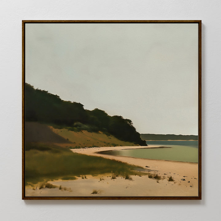 Quiet Bend Canvas Art features a tranquil sandy beach curving along grassy dunes and dark green trees beneath an overcast sky. This minimalist wall art is perfect for adding serenity to your living room decor.