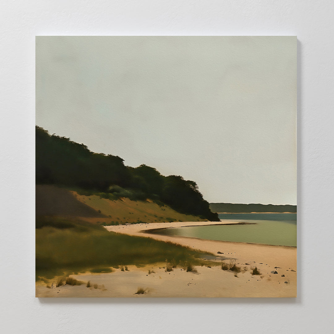 Quiet Bend Canvas Art features a tranquil sandy beach, grassy dunes, and a tree-covered hillside under soft clouds—ideal as minimalist wall art or a large-scale print to enhance your living room decor.