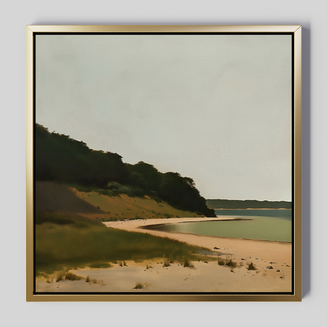 The Quiet Bend Canvas Art features a serene sandy beach curving by grassy dunes and deep green trees under a clear sky—a minimalist wall art piece perfect for tranquil living room decor.