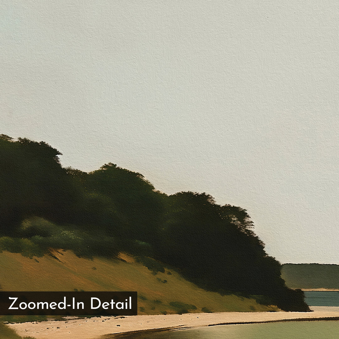 The Quiet Bend Canvas Art features a sandy shoreline curving beneath grassy hills and lush trees under an overcast sky. Ideal for living room decor or large prints, with a black box in the corner labeled Zoomed-In Detail.