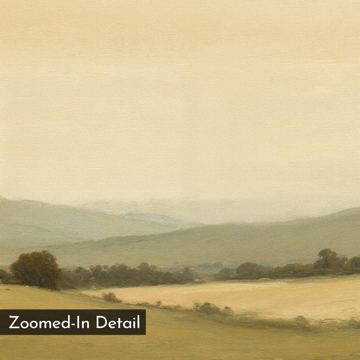 The Quiet Countryside Canvas Art features soft, muted scenery of rolling hills, fields, and trees beneath a hazy sky. With a smooth, close-up texture, it includes a "Zoomed-In Detail" label in the bottom left corner.