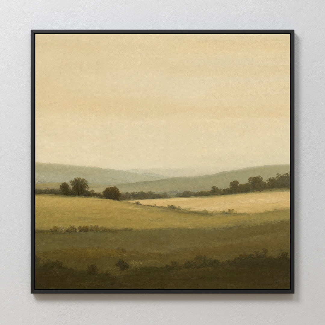 Quiet Countryside Canvas Art: Framed minimalist wall art depicting a sunlit countryside with rolling hills, green fields, scattered trees, and a hazy sky for a peaceful, serene touch.