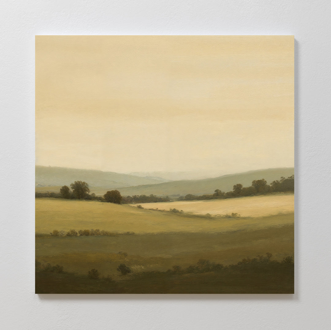 Quiet Countryside Canvas Art features a serene landscape with rolling hills, scattered trees, and soft beige-green tones beneath a hazy sky—minimalist wall decor that brings calm and tranquility to any space.