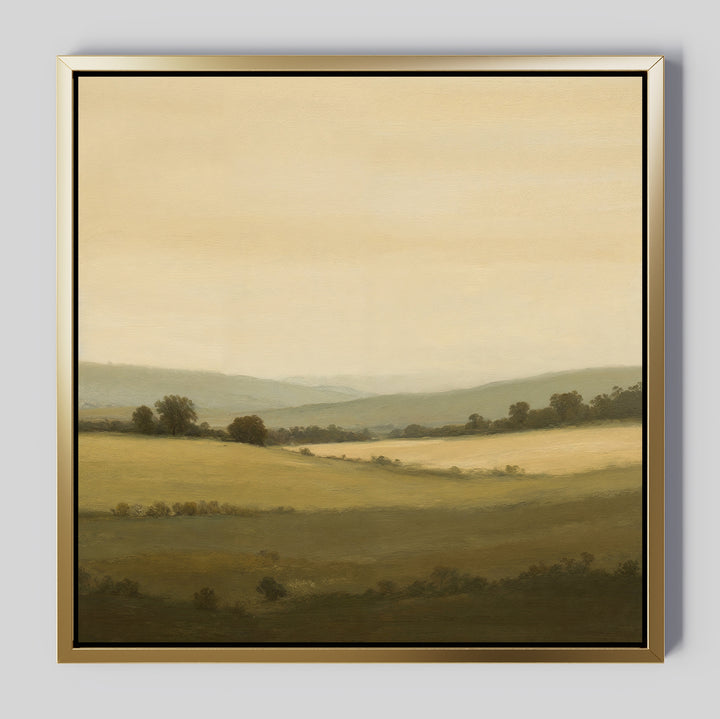 Quiet Countryside Canvas Art features a tranquil rural scene with rolling green hills, scattered trees, and a hazy sky. Its gold frame with black inner border adds minimalist style, making it ideal wall art for serene spaces.