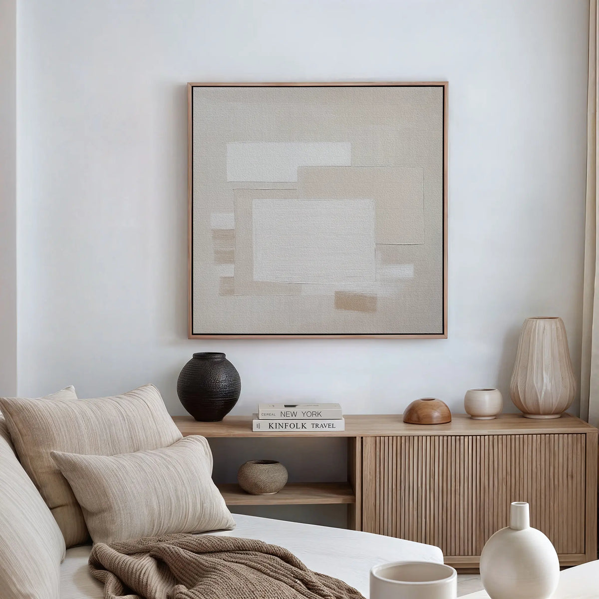 A room featuring the Quiet Structure Canvas Art hung above a couch, creating a stylish and inviting atmosphere.