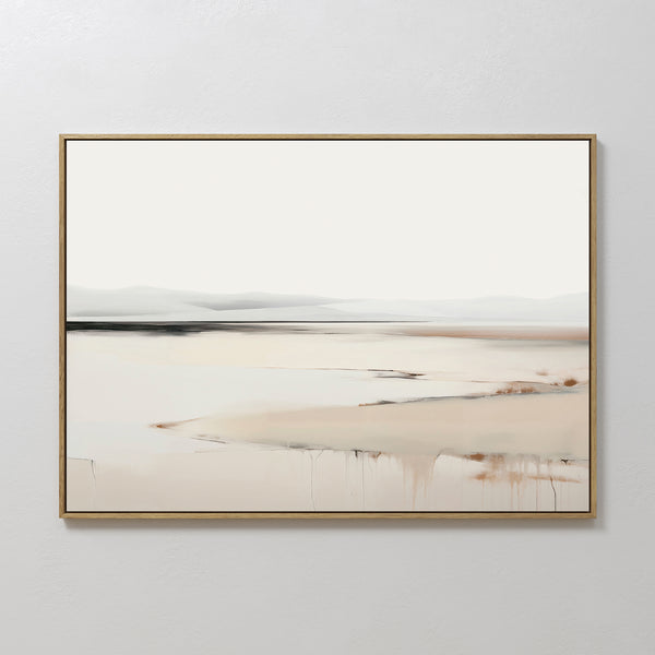 Minimalist elegance shines in the Quiet Valley Canvas Art – Horizontal, featuring soft beige and gray abstract mountains with a reflective surface and thin gold frame—perfect living room decor.