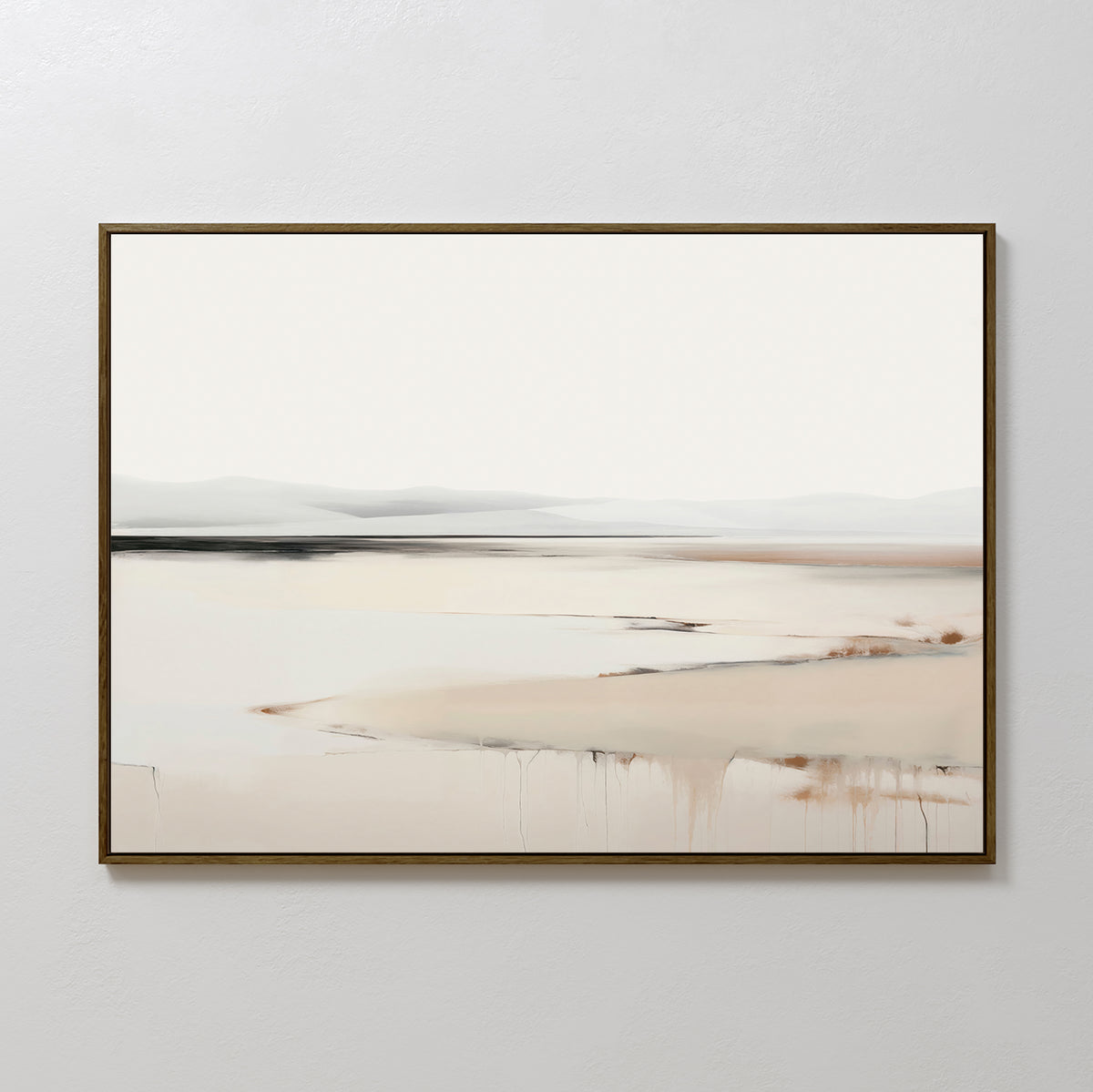 Minimalist elegance defines the Quiet Valley Canvas Art – Horizontal, featuring a serene landscape in soft beige and gray. Abstract hills and subtle paint drips evoke quiet reflections—perfect for sophisticated living room decor.