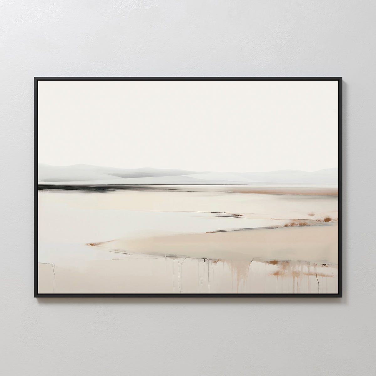 Minimalist elegance defines the Quiet Valley Canvas Art – Horizontal, with its soft, blurred mountains and abstract beige-gray washes—perfectly framed for stunning display on a white wall in your living room.
