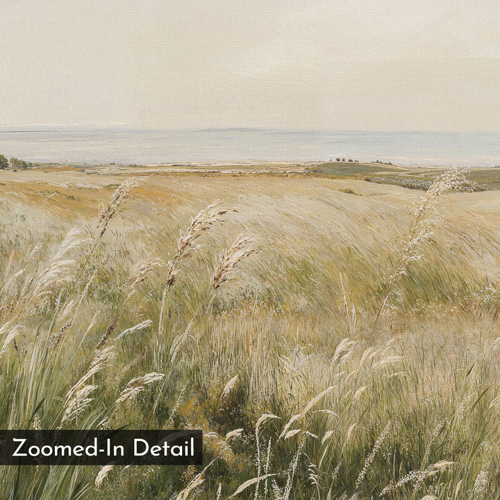 A close-up of the "Reeds by the River Canvas Art" features tall grasses swaying in the breeze beneath a pale sky, distant hills beyond. A "Zoomed-In Detail" label sits bottom left—ideal minimalist wall art for living room decor.