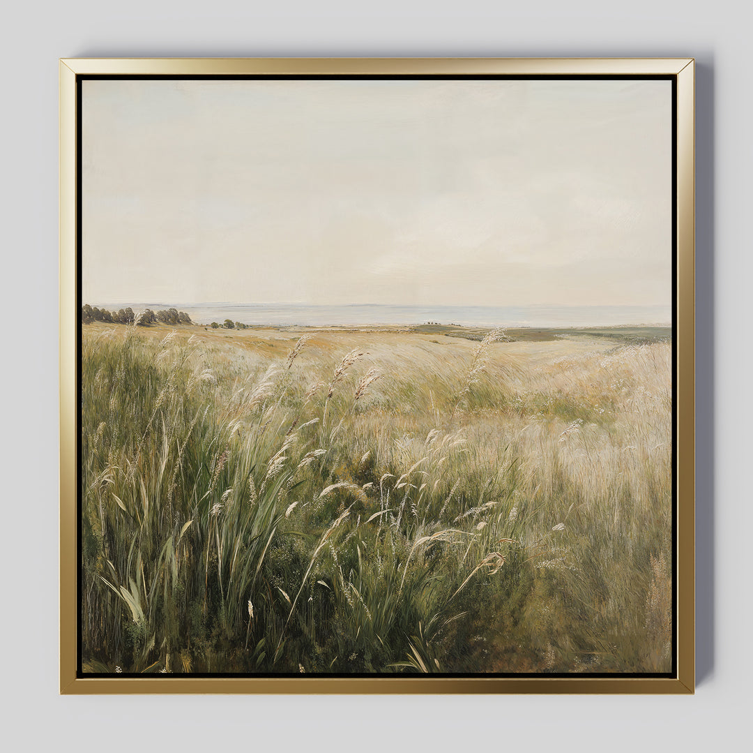 The Reeds by the River Canvas Art features a serene, grassy field with tall wild grasses under a pale sky and distant trees—ideal for minimalist canvas lovers and living room decor.