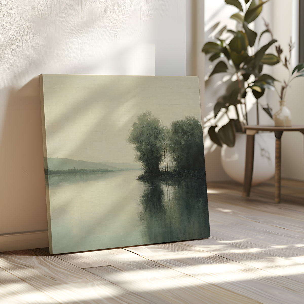 Reflective River Canvas Art, featuring a tranquil tree-lined river scene, is displayed in a sunlit room with wooden floors, a plant, and a side table—an ideal choice for vintage-inspired landscape wall decor.