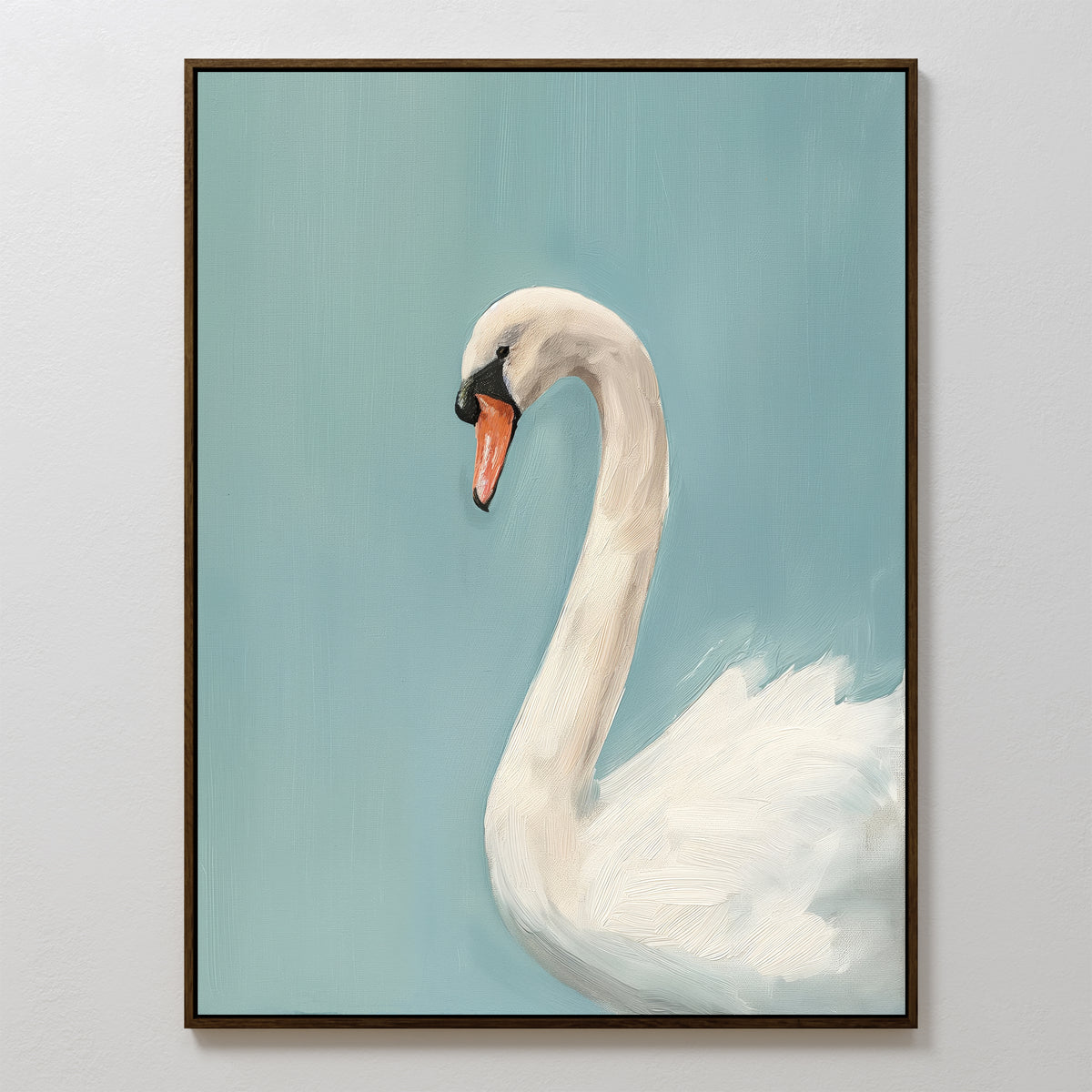 The Regal Swan Canvas Art features a white swan with an orange beak on a light blue background in a soft, minimalist style. Its clean composition makes it ideal wall decor for modern spaces.