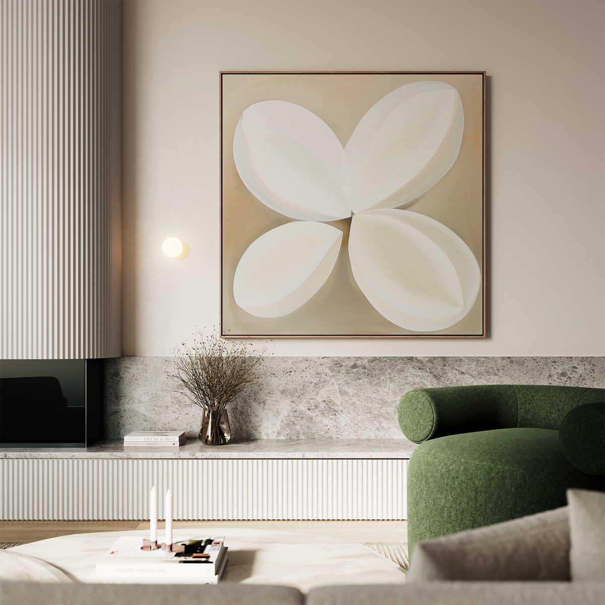 A modern living room features a green armchair, marble-topped console, minimalist decor, and the Clover Harmony Abstract Canvas Art in neutral tones above the console. A vase with dried branches adds an elegant touch to the space.