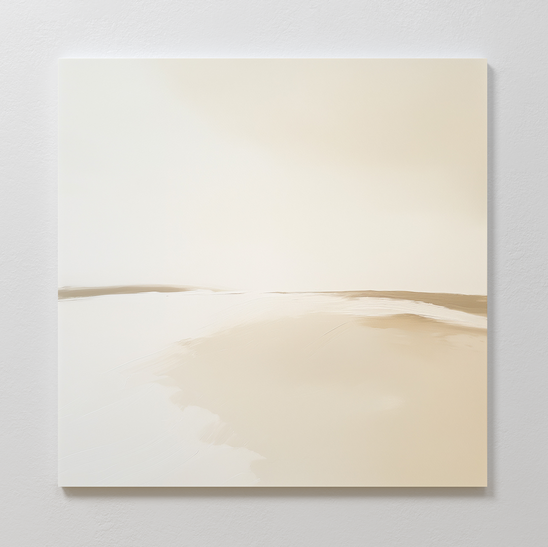 The Serene Expanse Abstract Canvas Art showcases a sandy, light beige landscape with soft lines, evoking a tranquil desert or beach under a pale sky. Perfect for living room decor, its displayed on a plain white wall for a minimalist look.