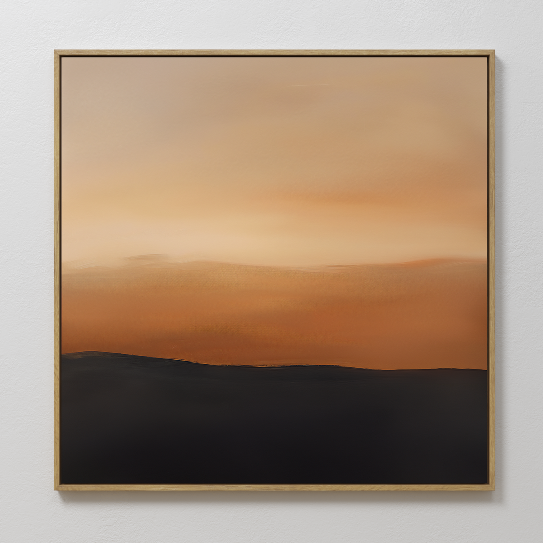 Tranquil Vista Abstract Canvas Art features a gradient sky in warm orange and brown over a shadowy landscape. This minimalist wall art is ideal for bedroom decor, adding smooth colors and a serene sunset ambiance.