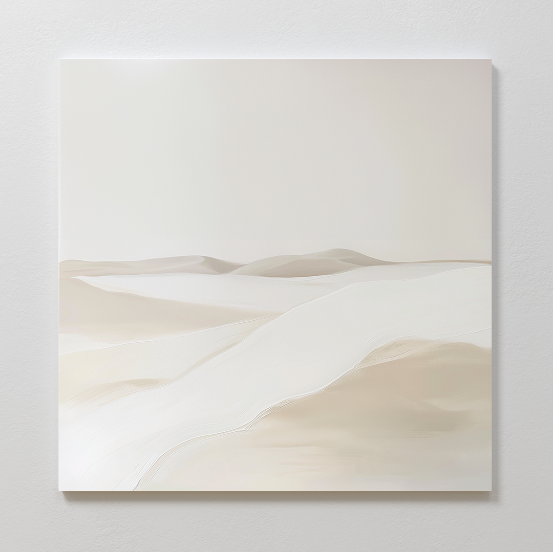 The Misty Vale Abstract Canvas Art, featuring soft beige and cream sand dunes, hangs on a white textured wall for a calm, airy vibe—ideal minimalist wall art for living room or bedroom decor.