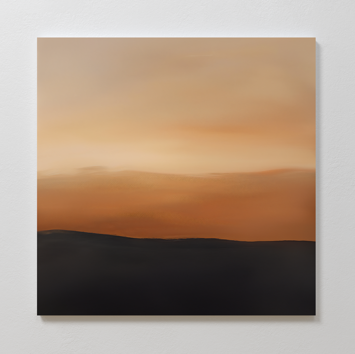 Tranquil Vista Abstract Canvas Art showcases a minimalist sunset with warm orange and beige gradients above a dark foreground. Ideal wall art to elevate your living room decor, displayed here on a plain white wall.
