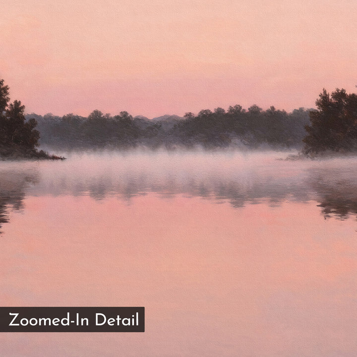 A serene sunrise at Rose Lake reflects pink and purple over calm water, mist floating above, and trees silhouetted behind. Ideal as Rose Lake Canvas Art for your wall, with a corner label reading "Zoomed-In Detail.