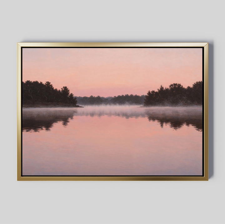 Rose Lake Canvas Art showcases a tranquil lake at sunset with pink and orange reflections, misty water, and silhouetted trees—an ideal minimalist piece for bedroom decor.