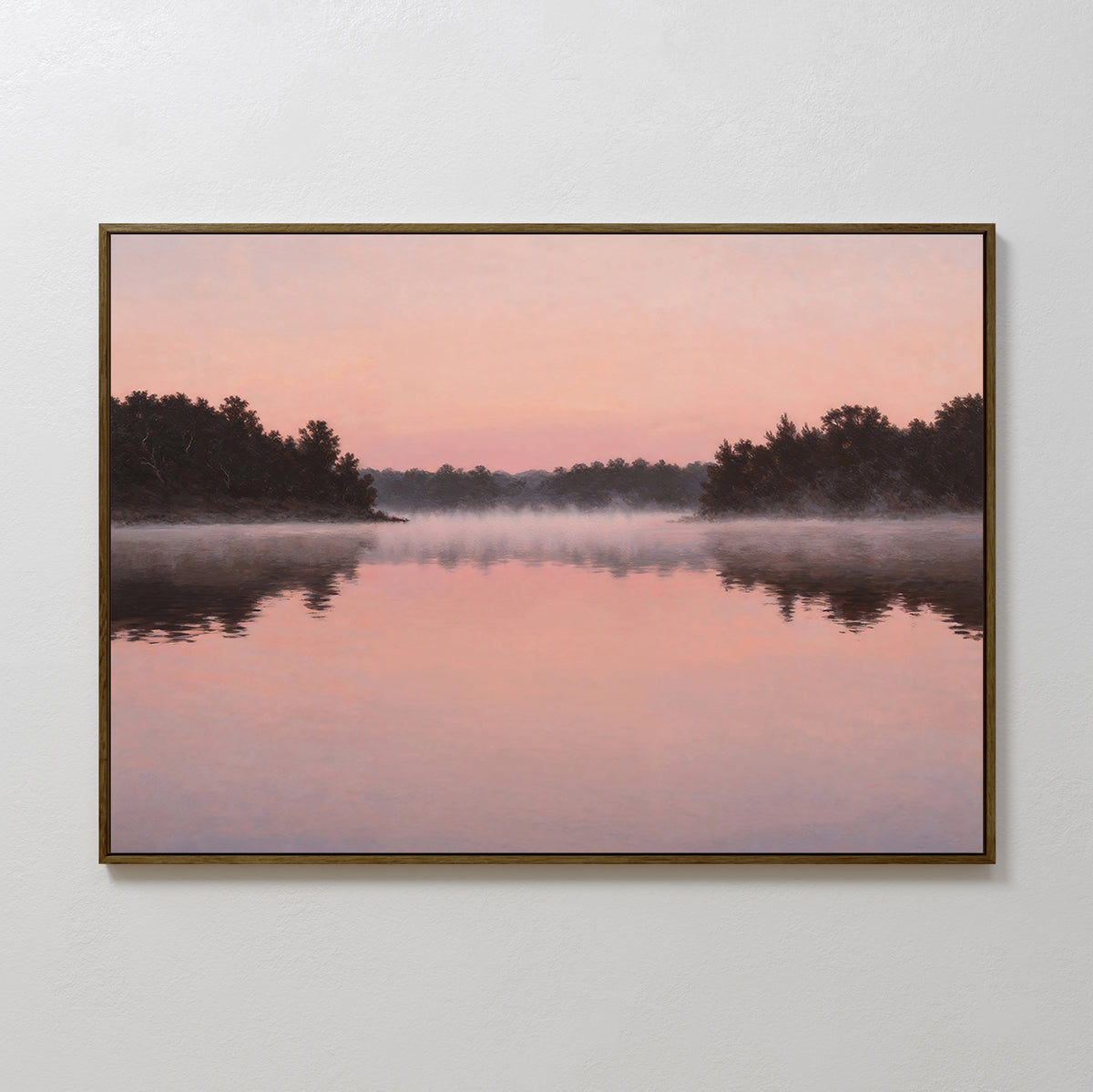 The Rose Lake Canvas Art captures a tranquil lake at sunrise or sunset with soft pink and orange skies, mist over the water, and reflections of trees—an ideal serene touch for your bedroom decor.