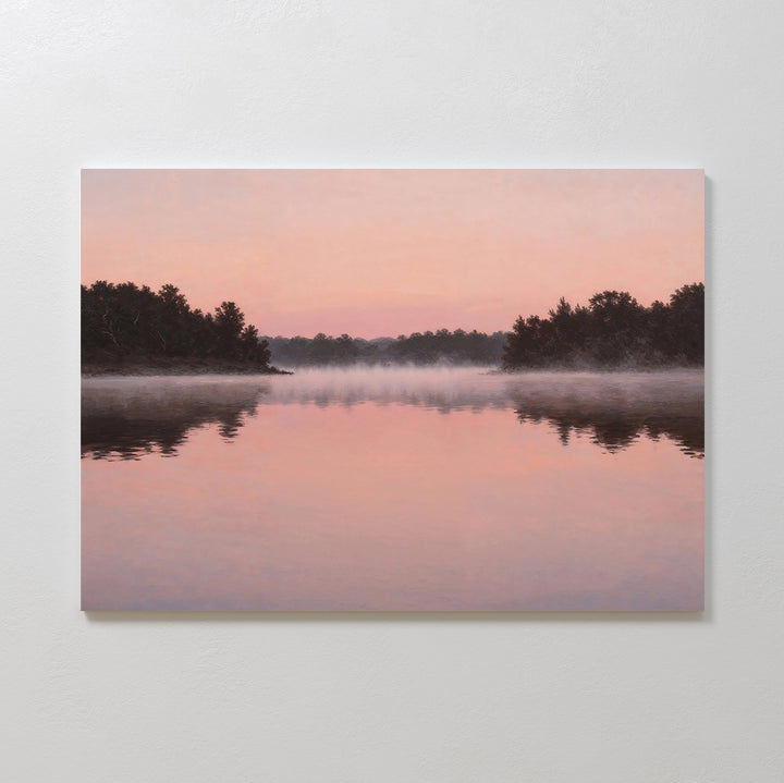 Rose Lake Canvas Art depicts a calm lake at sunrise or sunset, with pink and orange skies reflected in the water, trees lining the shore, and a light mist—perfect minimalist canvas decor for your bedroom.