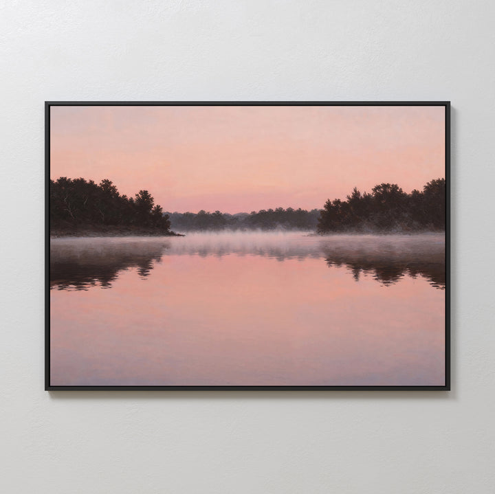 The Rose Lake Canvas Art showcases a serene sunrise over a calm lake with pink and orange tones, misty water, and silhouetted trees—perfect minimalist wall decor for your bedroom.