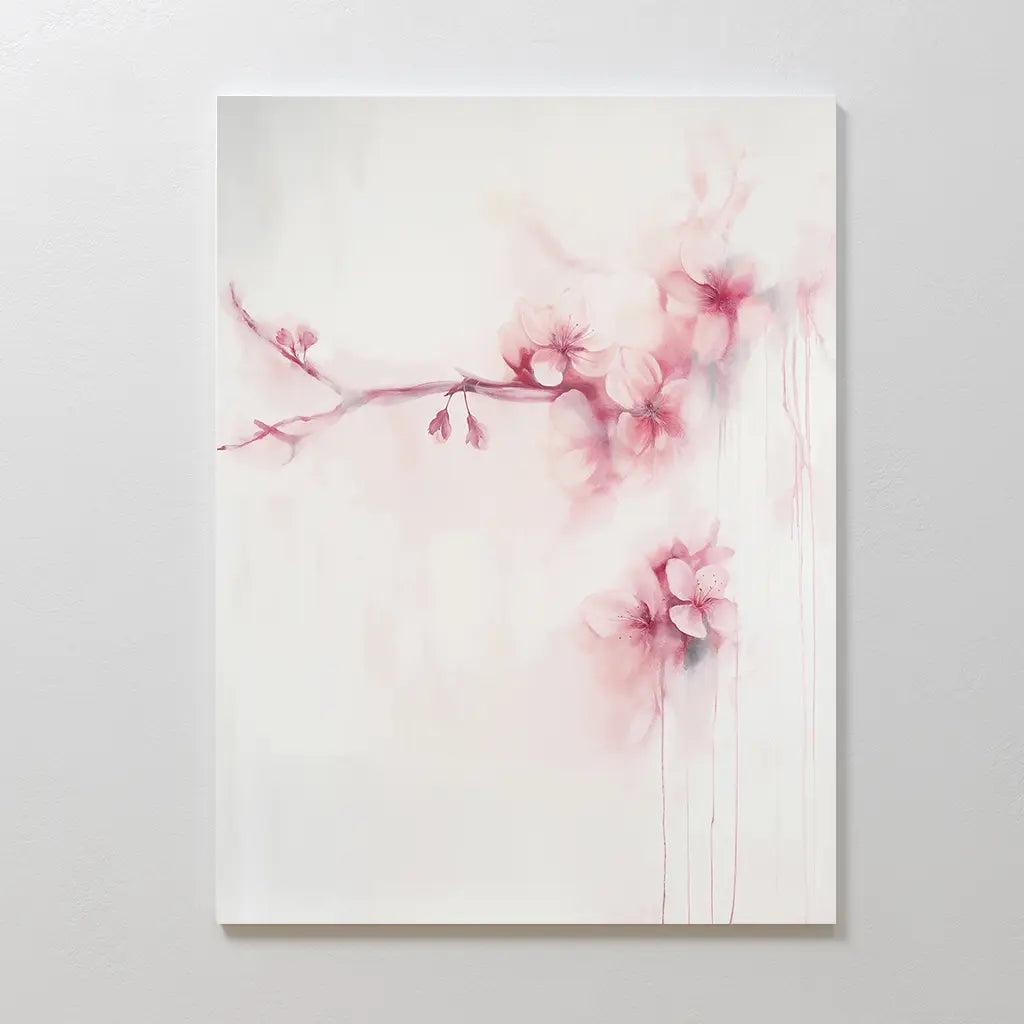 Sakura Dream Canvas Art features minimalistic pink cherry blossoms on a soft off-white background, adding a dreamy, serene touch to any bedroom decor.