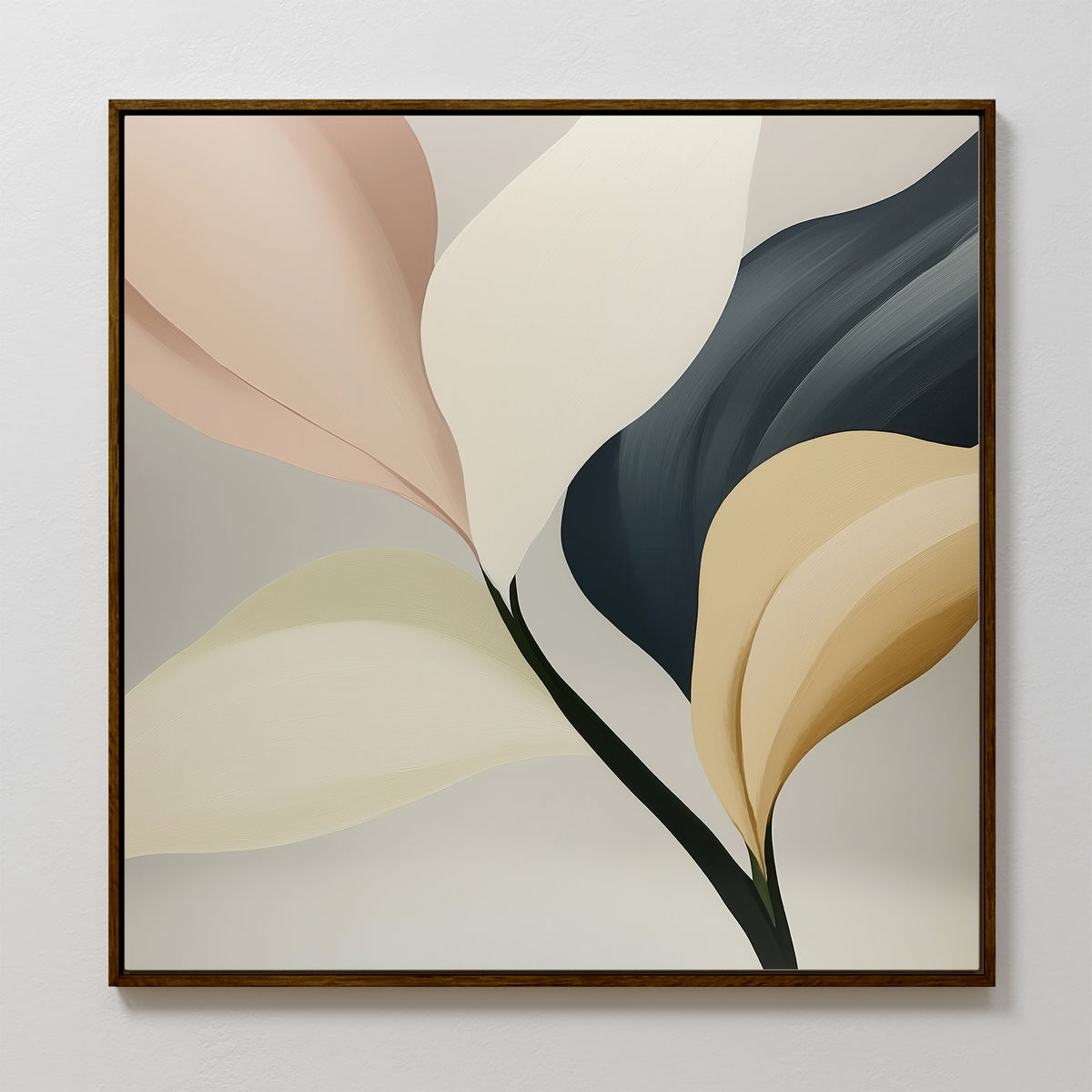 Sculpted Elegance Canvas Art showcases large, abstract leaf-like shapes in beige, cream, peach, yellow, and dark blue on a light gray backdrop—a minimalist framed piece ideal for adding modern style to your living room.