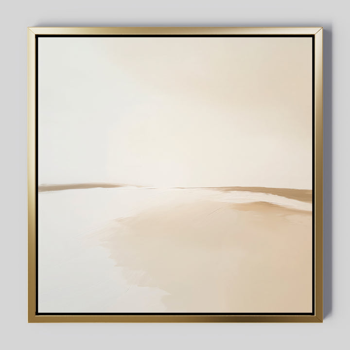 Serene Expanse Abstract Canvas Art features a soft beige and white abstract landscape in a gold frame—ideal modern wall art to bring serenity to your living room decor.