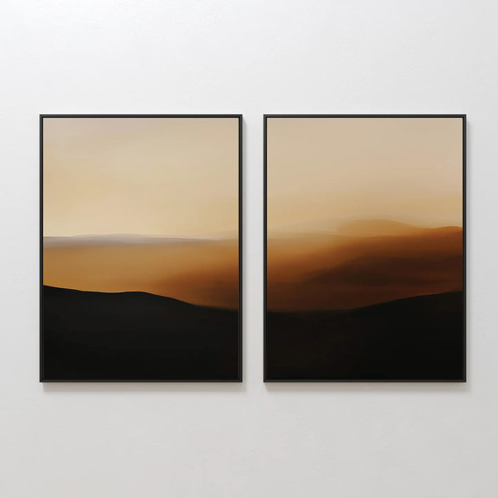 The Sienna Echo Set of 2 features framed abstract prints with warm beige and sienna gradients, depicting hazy landscapes with gentle hills for a minimalist, serene look—ideal for living room decor.