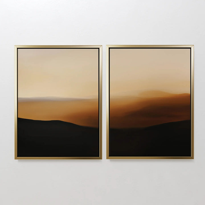 The Sienna Echo Set of 2 features minimalist landscape wall art with blurred brown and beige scenery, dark hills, and soft gradients—ideal for adding stylish, modern decor to your living room.