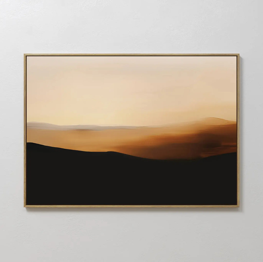 The Sienna Ridge Canvas Art features warm beige, gold, and brown tones with soft, blurred lines suggesting distant hills under a glowing sky—perfect minimalist wall art for modern living room decor.